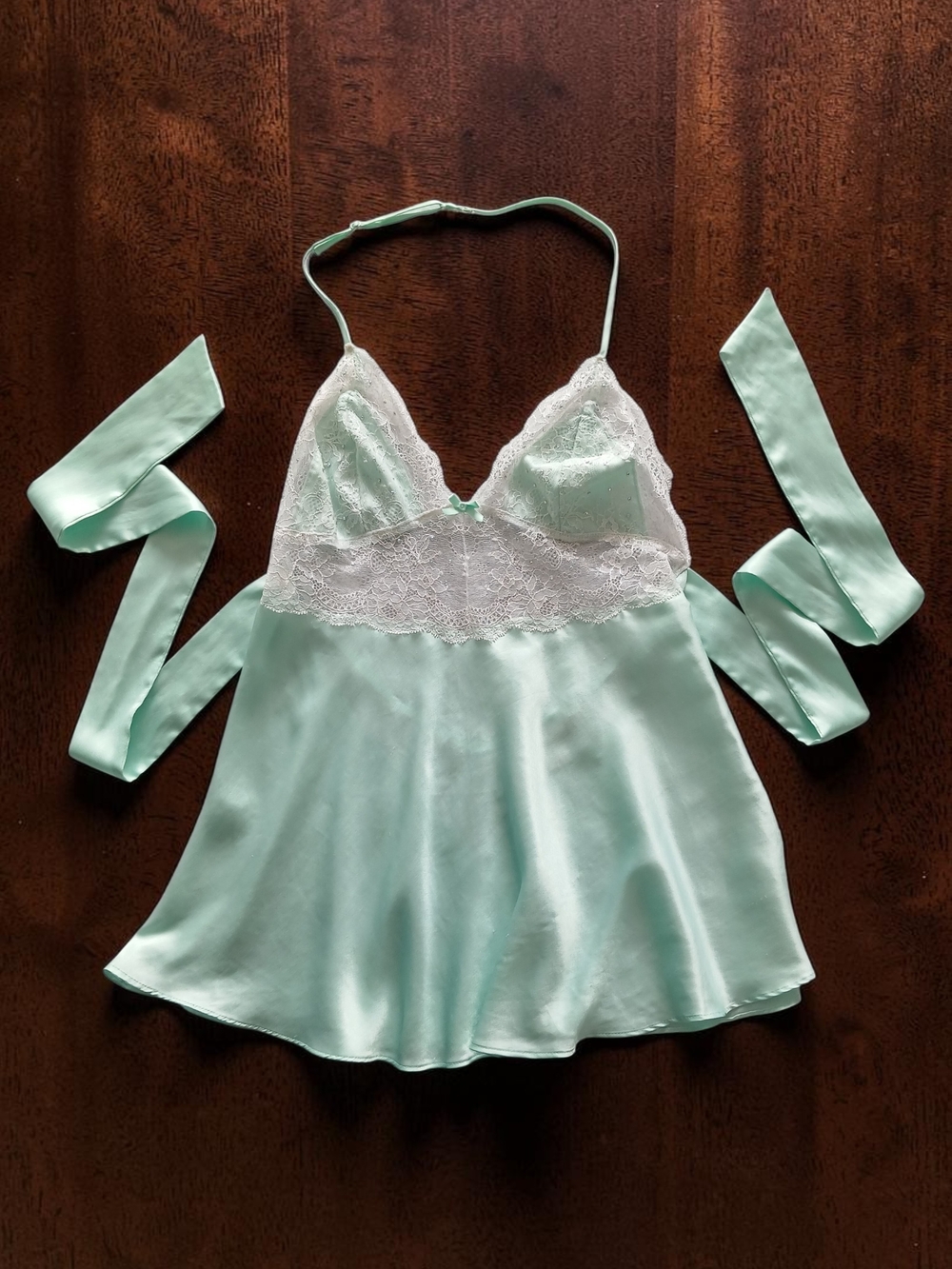 Victoria's Secret Vintage Y2K Seafoam Satin & White Lace Chemise with Waist Sash